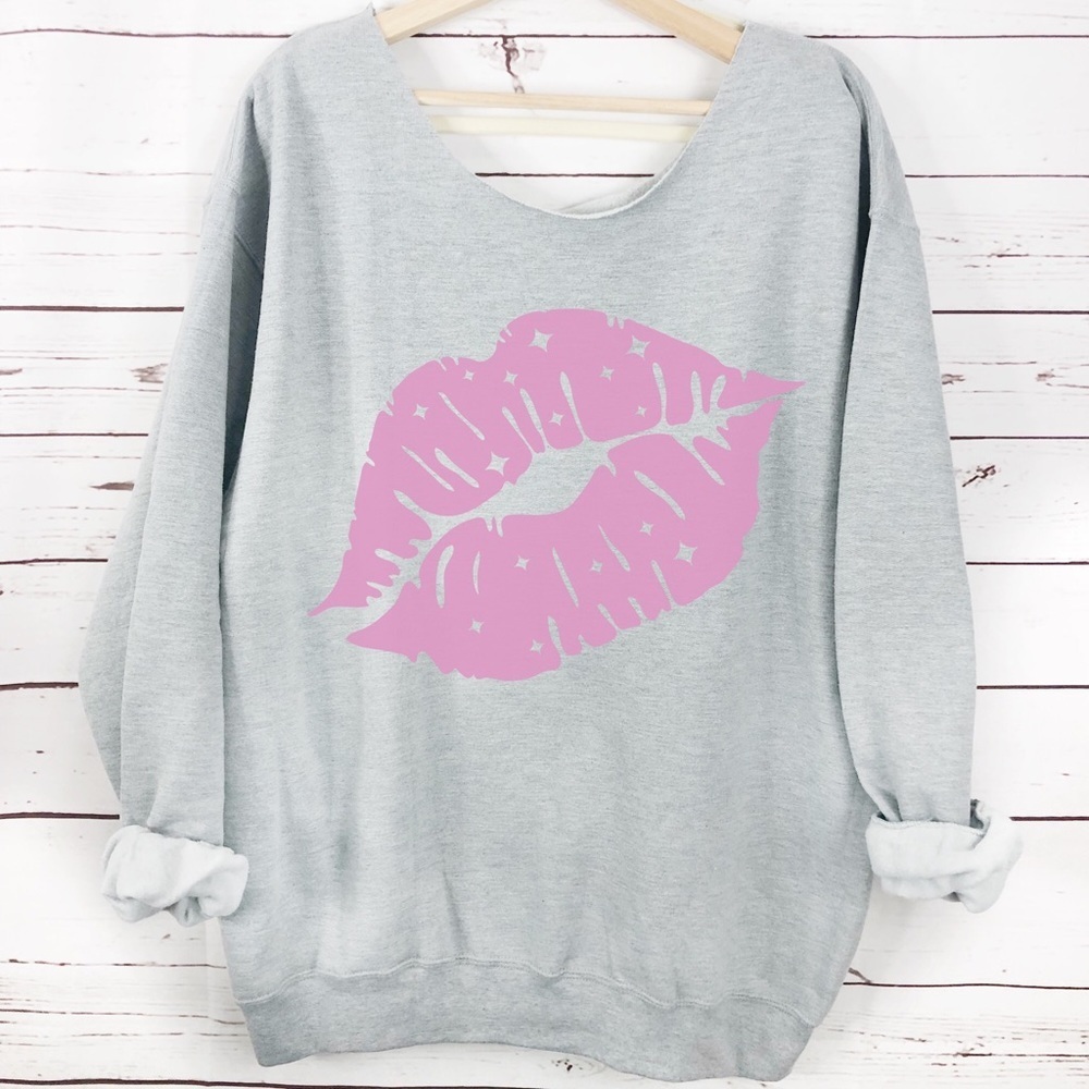 Kiss Lips Slouchy Neck Long Sleeve Sweatshirt Multiple Colors And Sizes - Picture 1 of 5
